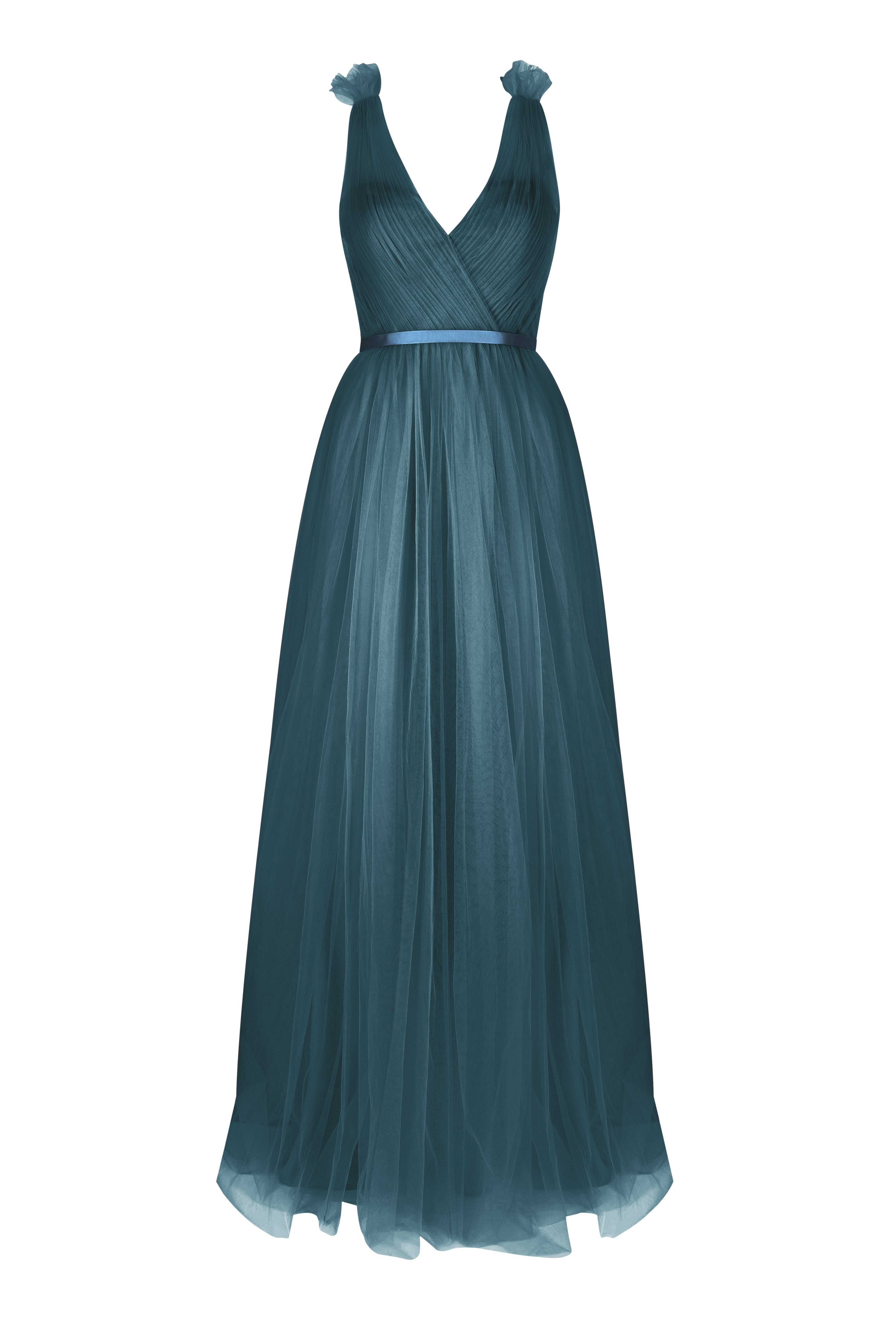  a long emerald dawn green bridesmaid dress with v neck and full skirt in tulle.