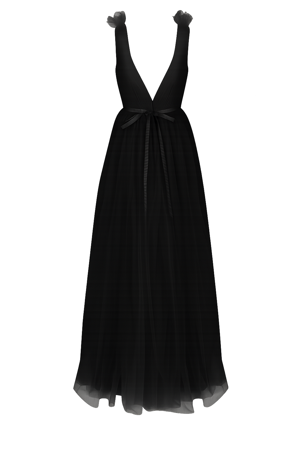 Woman wearing a long black bridesmaid dress with V neck in tulle.