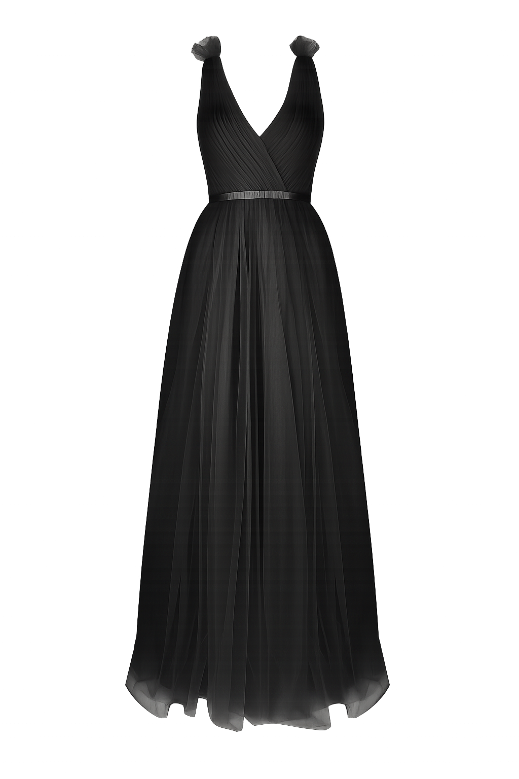 Woman wearing a long black bridesmaid dress with V neck in tulle.