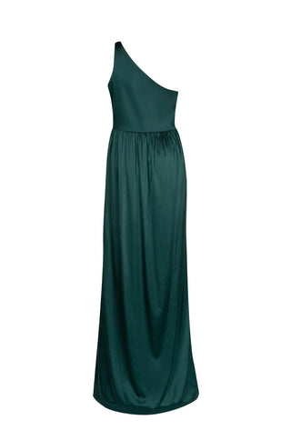 Woman wearing a long emerald dawn green bridesmaid dress with one shoulder and cinched waist in satin