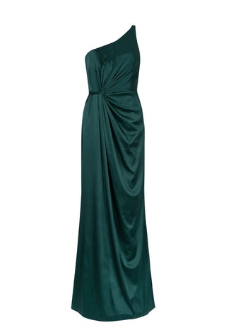 Woman wearing a long emerald dawn green bridesmaid dress with one shoulder and cinched waist in satin