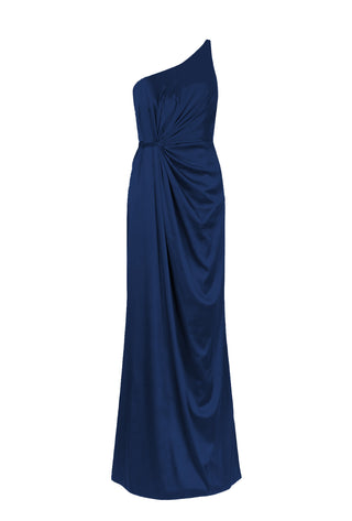  a long navy bridesmaid dress with one shoulder and cinched waist detail in satin.