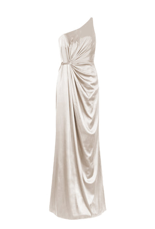 One-shoulder oyster satin bridesmaid dress with draped design by TH&TH.