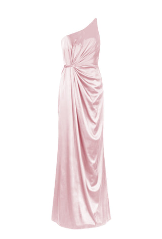Pink one-shoulder satin bridesmaid dress by TH&TH.