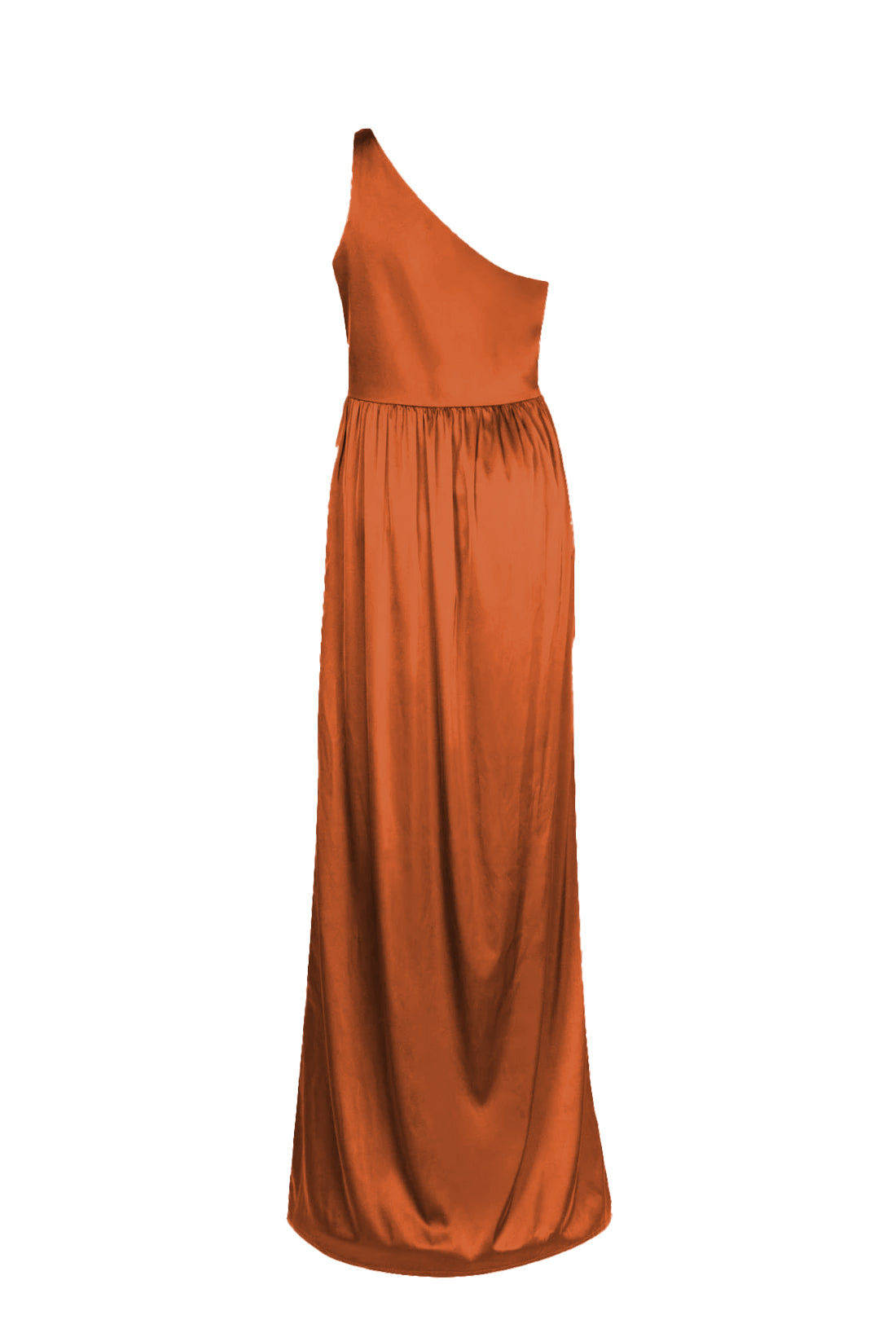 Terracotta satin one-shoulder dress back view by TH&TH