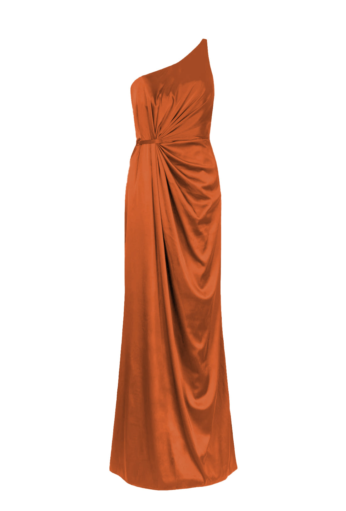 Terracotta Orange one-shoulder bridesmaid dress on a white background