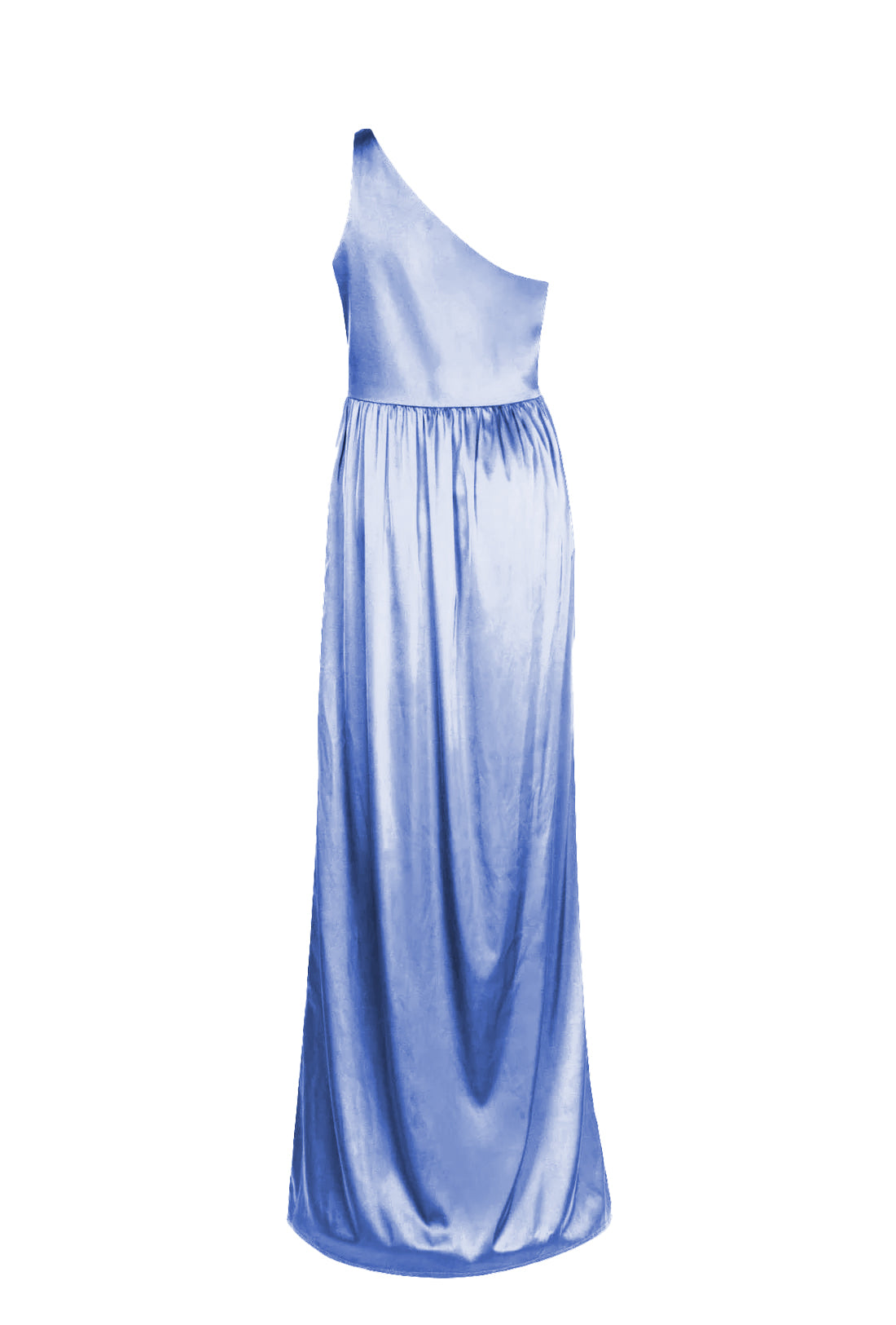 a long blue bridesmaid dress with one shoulder, in french blue satin.