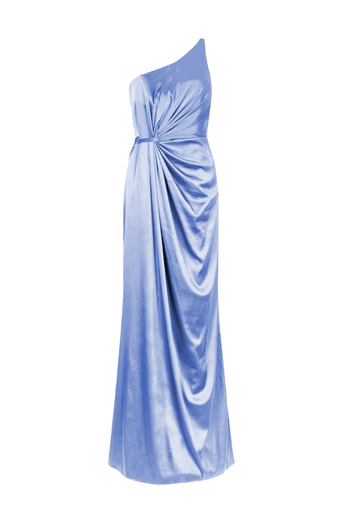 a long blue bridesmaid dress with one shoulder, in french blue satin.