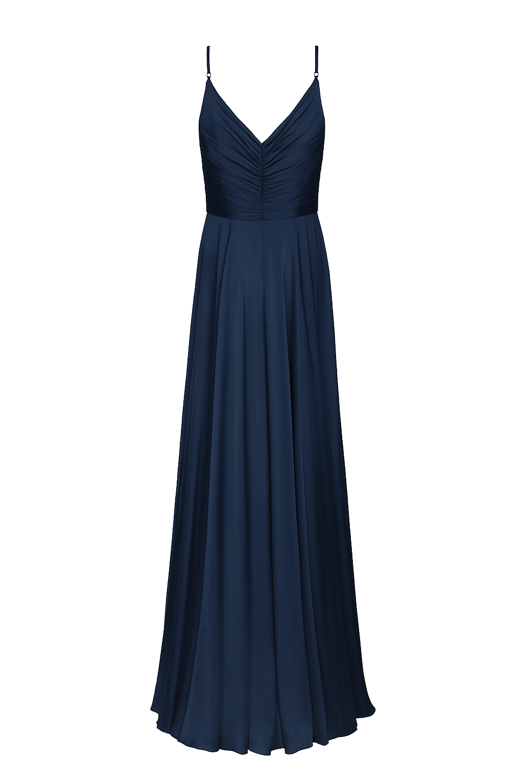  a long navy bridesmaid dress with cami top and full skirt in satin.
