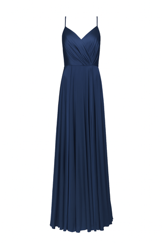 a long navy bridesmaid dress with cami top and full skirt in satin.
