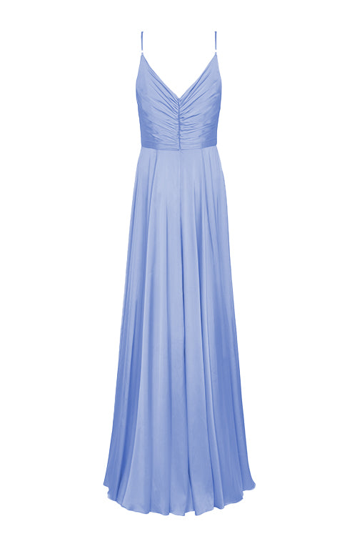 A long blue bridesmaid dress with cami bodice, V neck and a line skirt in french blue satin.