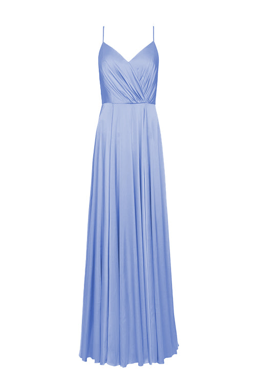 A long blue bridesmaid dress with cami bodice, V neck and a line skirt in french blue satin.