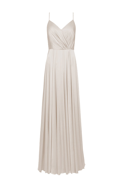 Oyster satin bridesmaid dress with cami straps and pleated bodice front view by TH&TH.