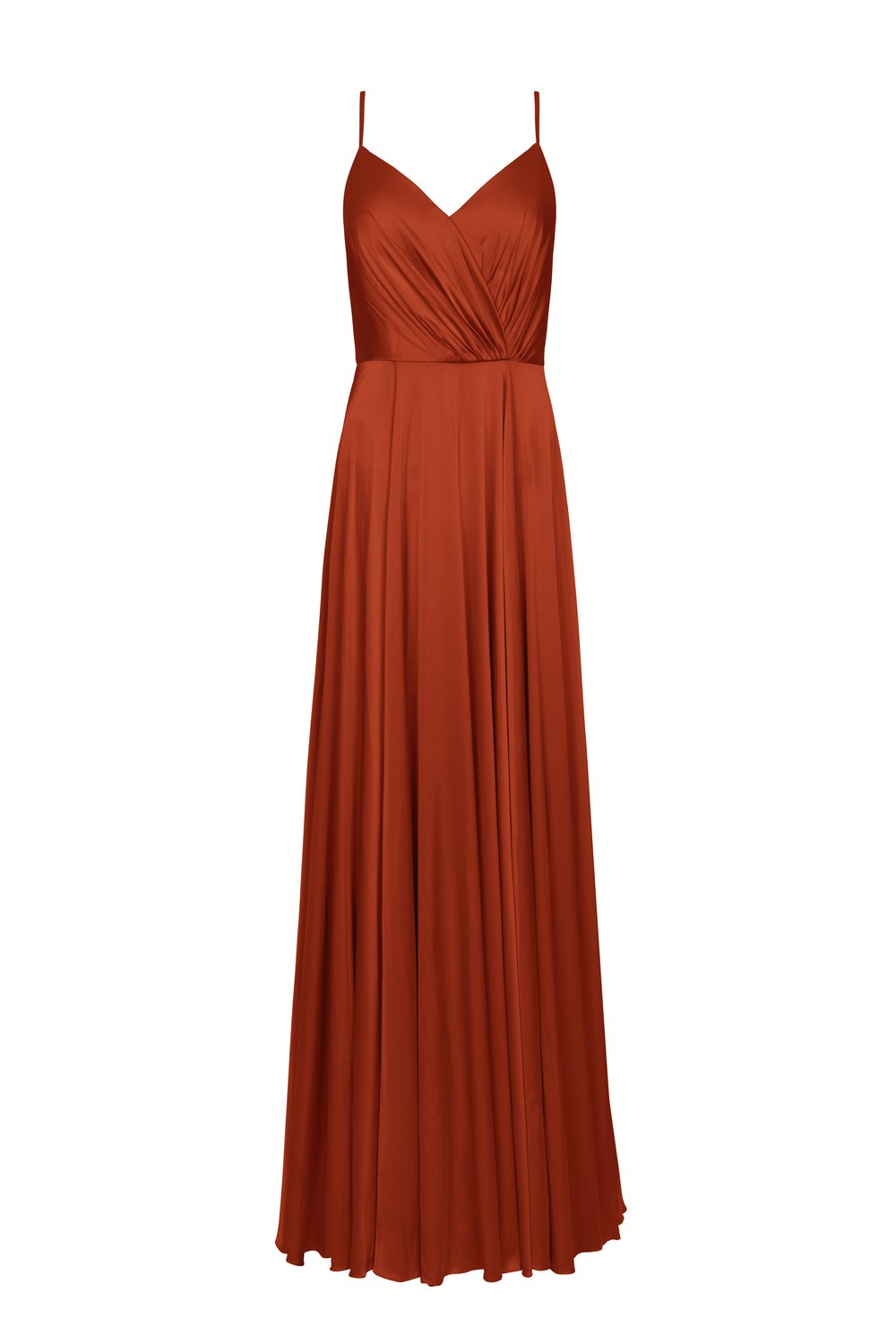 TH&TH burnt orange bridesmaid dress, satin bridesmaid dresses, front view