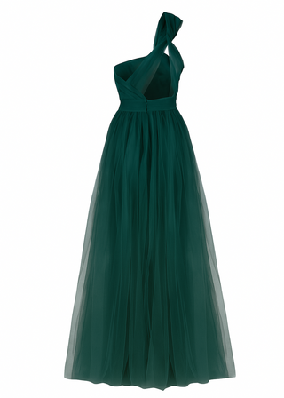 a long emerald dawn green bridesmaid dress with one shoulder and full skirt in tulle.