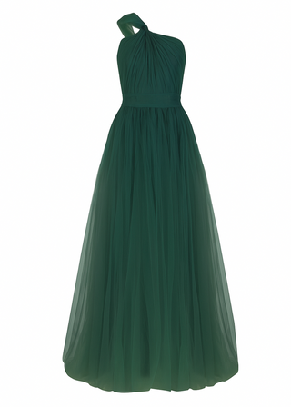 A long emerald dawn green bridesmaid dress with one shoulder and full skirt in tulle.