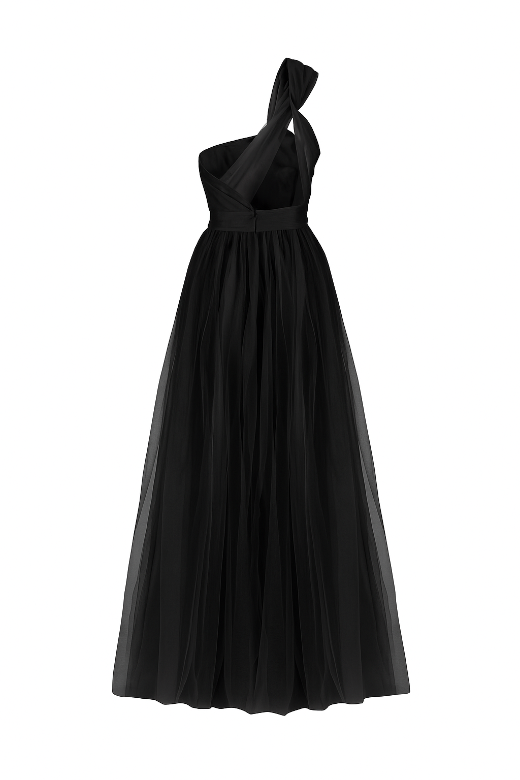 Woman wearing a long black bridesmaid dress with one shoulder in tulle.