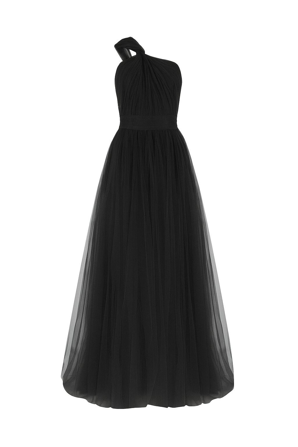 Woman wearing a long black bridesmaid dress with one shoulder in tulle.