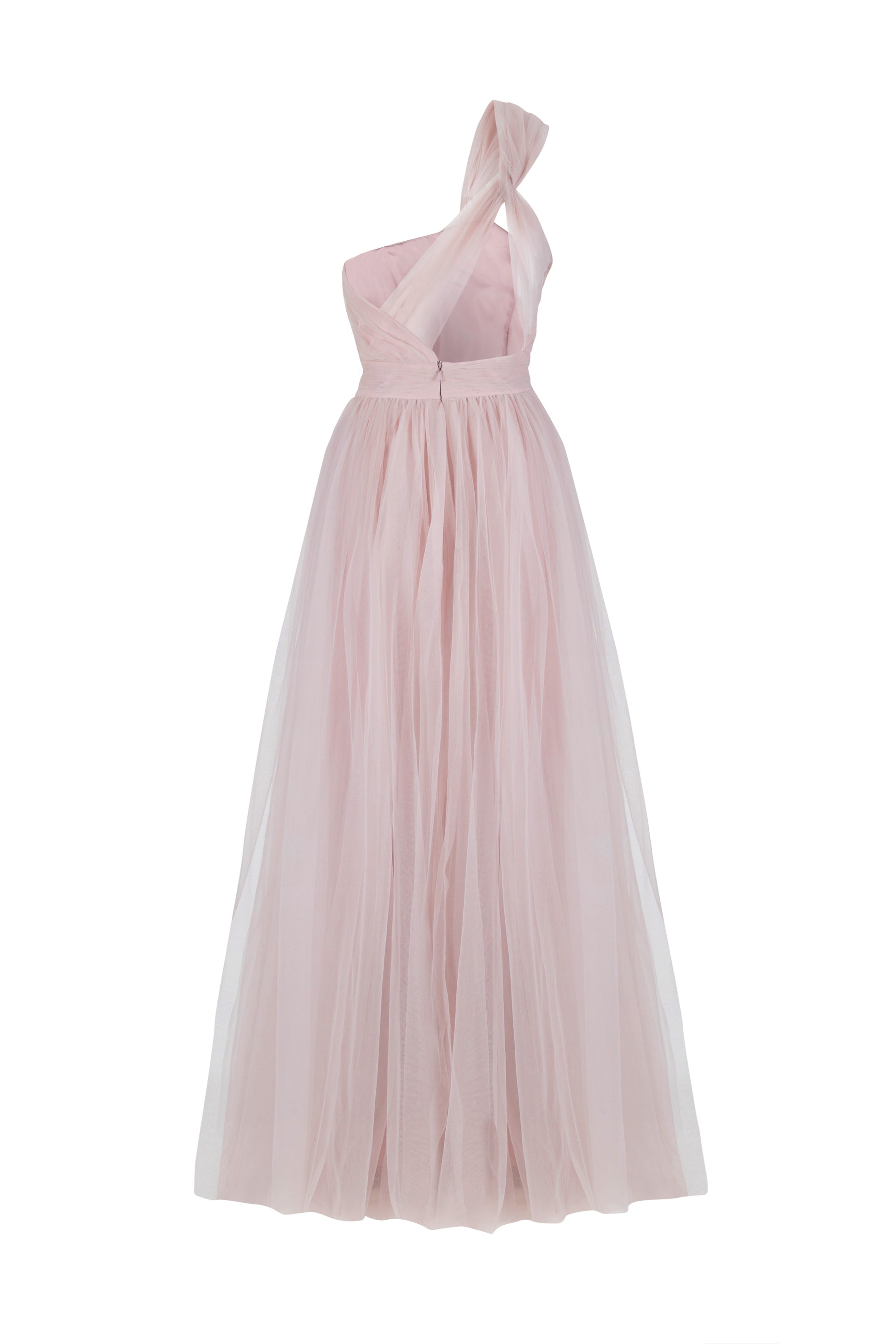 A long smoked blush pink bridesmaid dress with one shoulder and full skirt in tulle.
