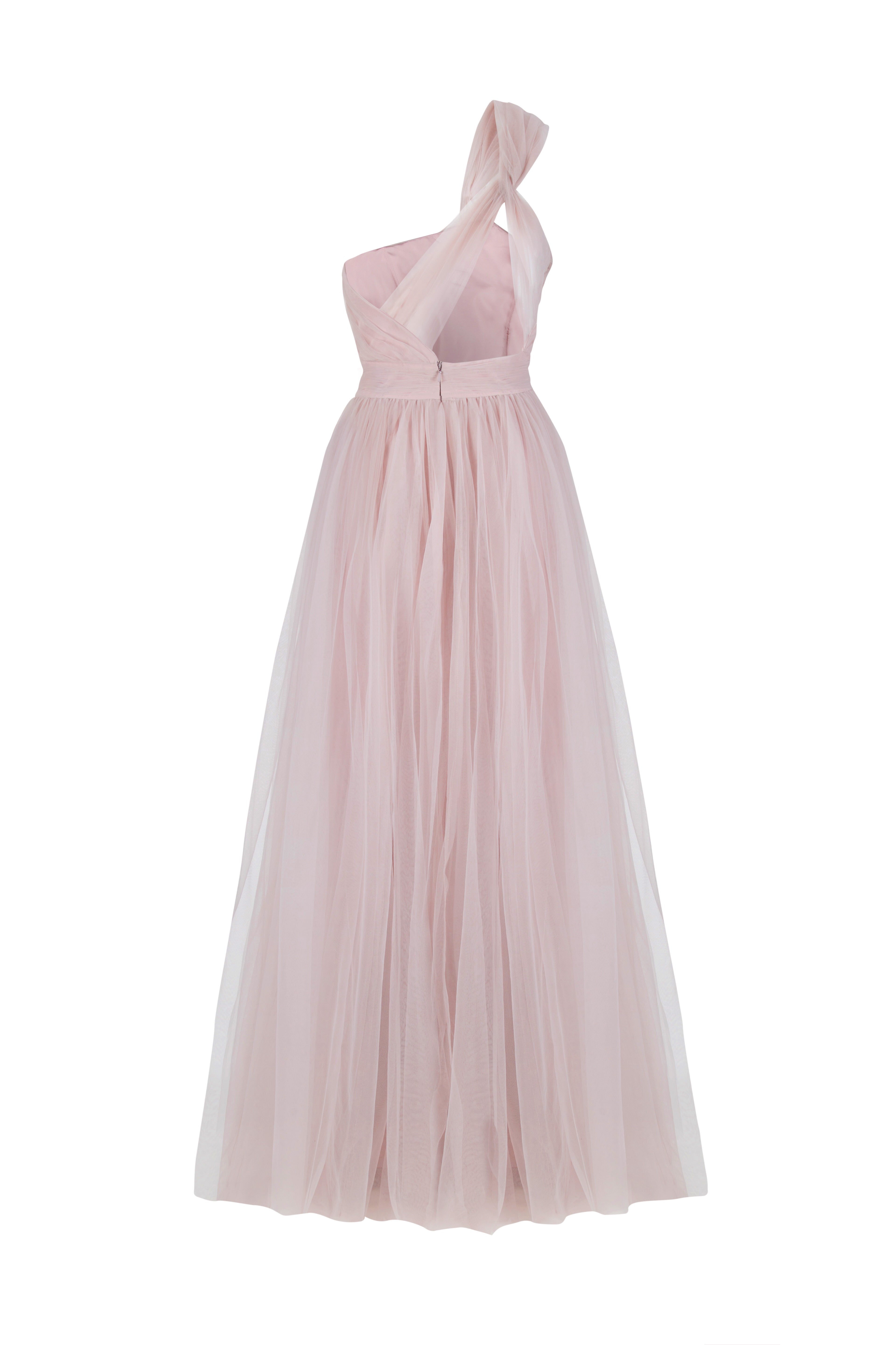 A long smoked blush pink bridesmaid dress with one shoulder and full skirt in tulle.