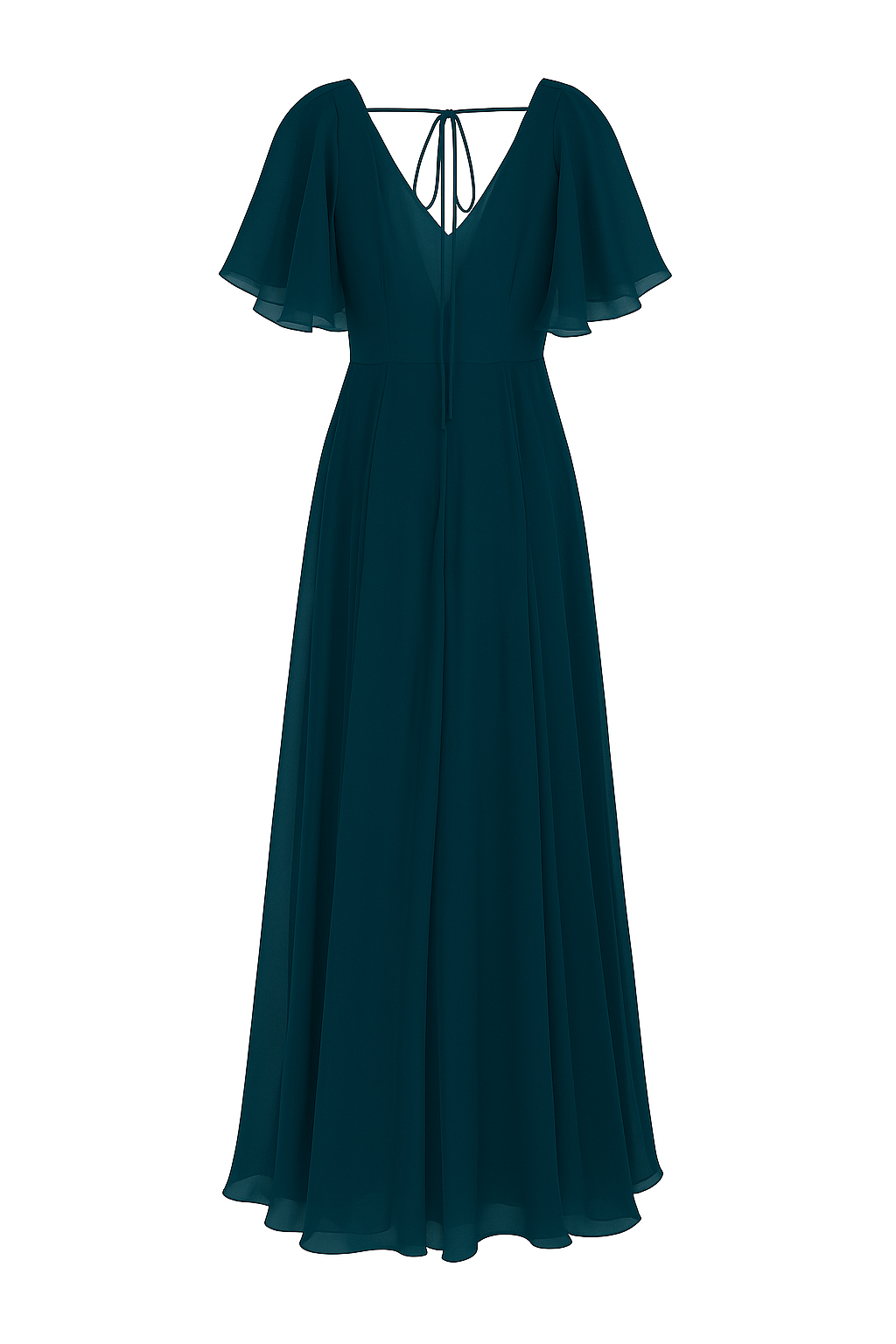 Woman wearing a long emerald dawn green bridesmaid dress with sleeves v neck and full skirt in chiffon.