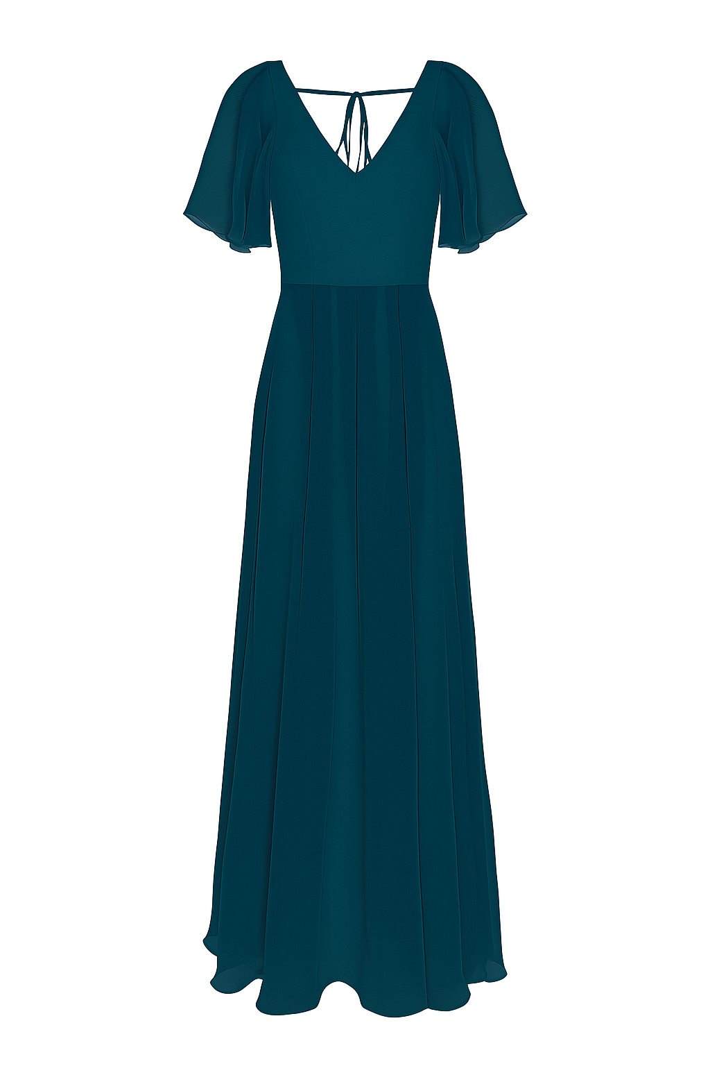 a long emerald dawn green bridesmaid dress with sleeves v neck and full skirt in chiffon.