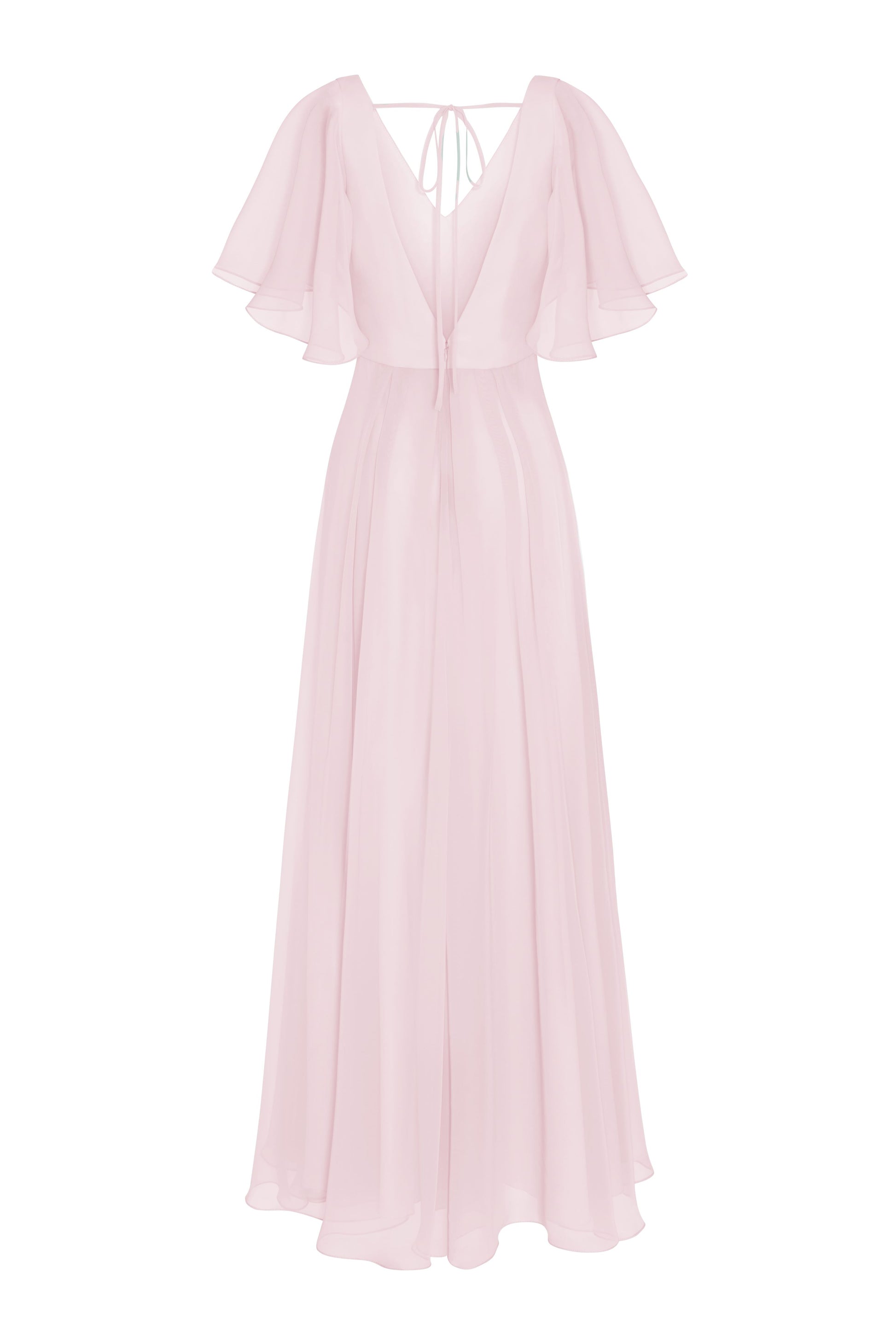 a long smoked blush pink bridesmaid dress with V neck and full skirt in chiffon.
