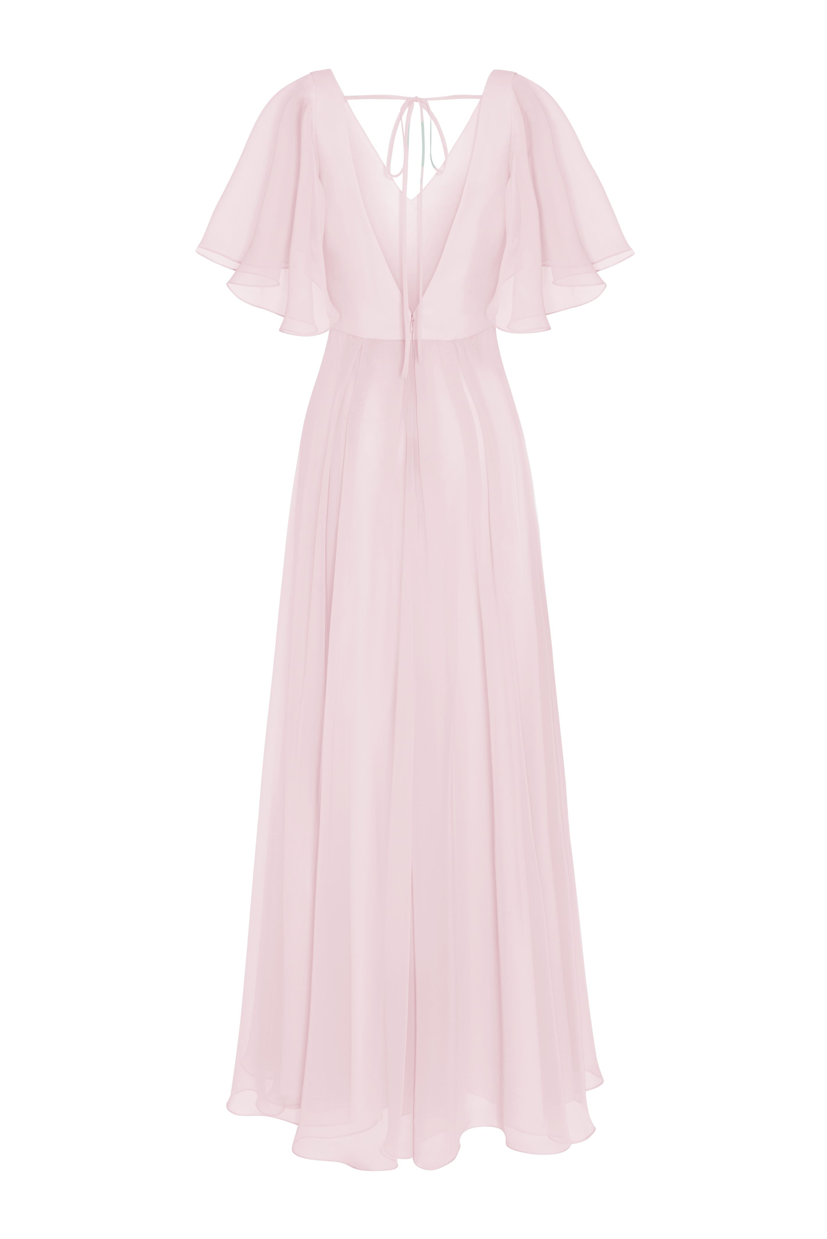 a long smoked blush pink bridesmaid dress with V neck and full skirt in chiffon.
