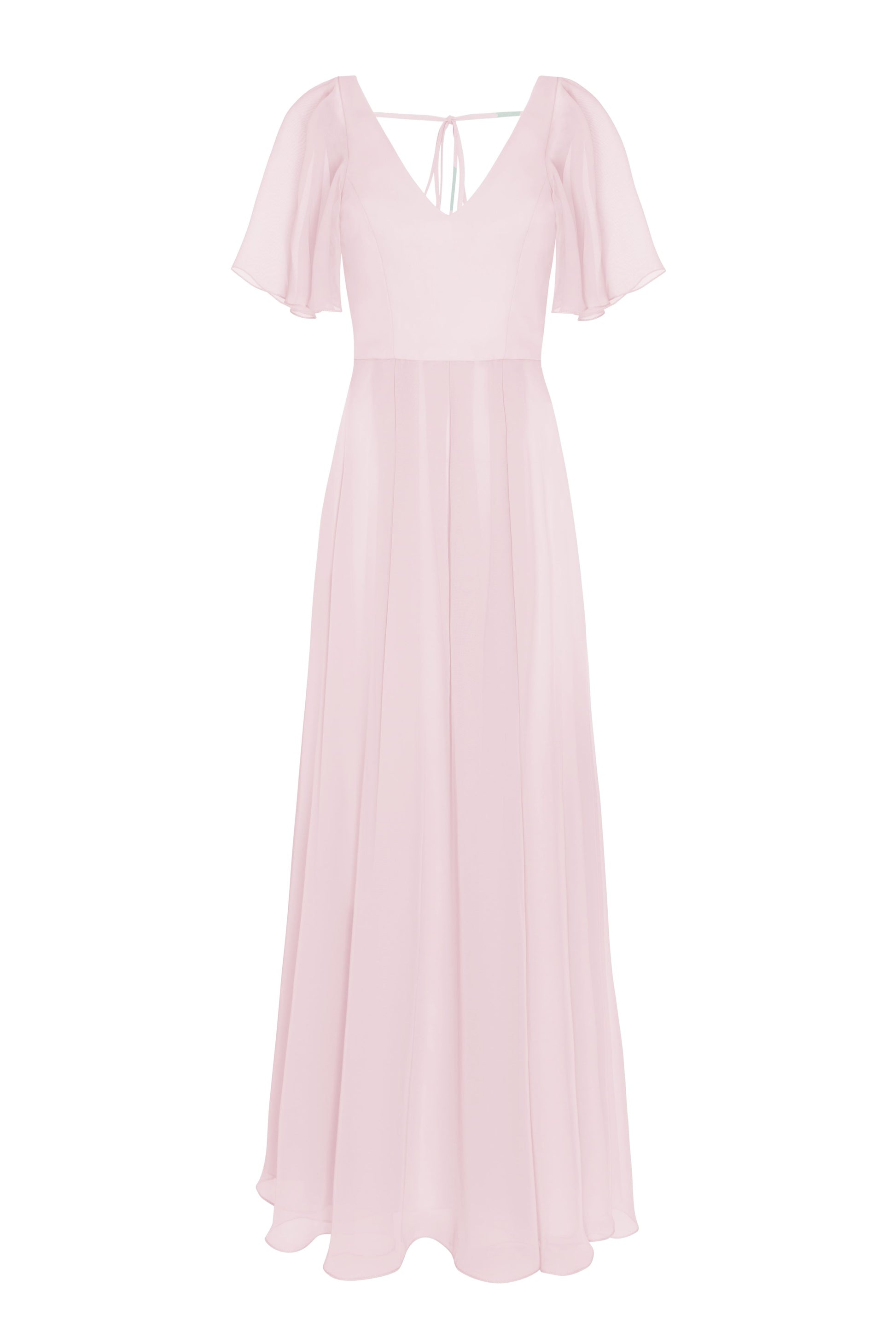a long smoked blush pink bridesmaid dress with V neck and full skirt in chiffon.
