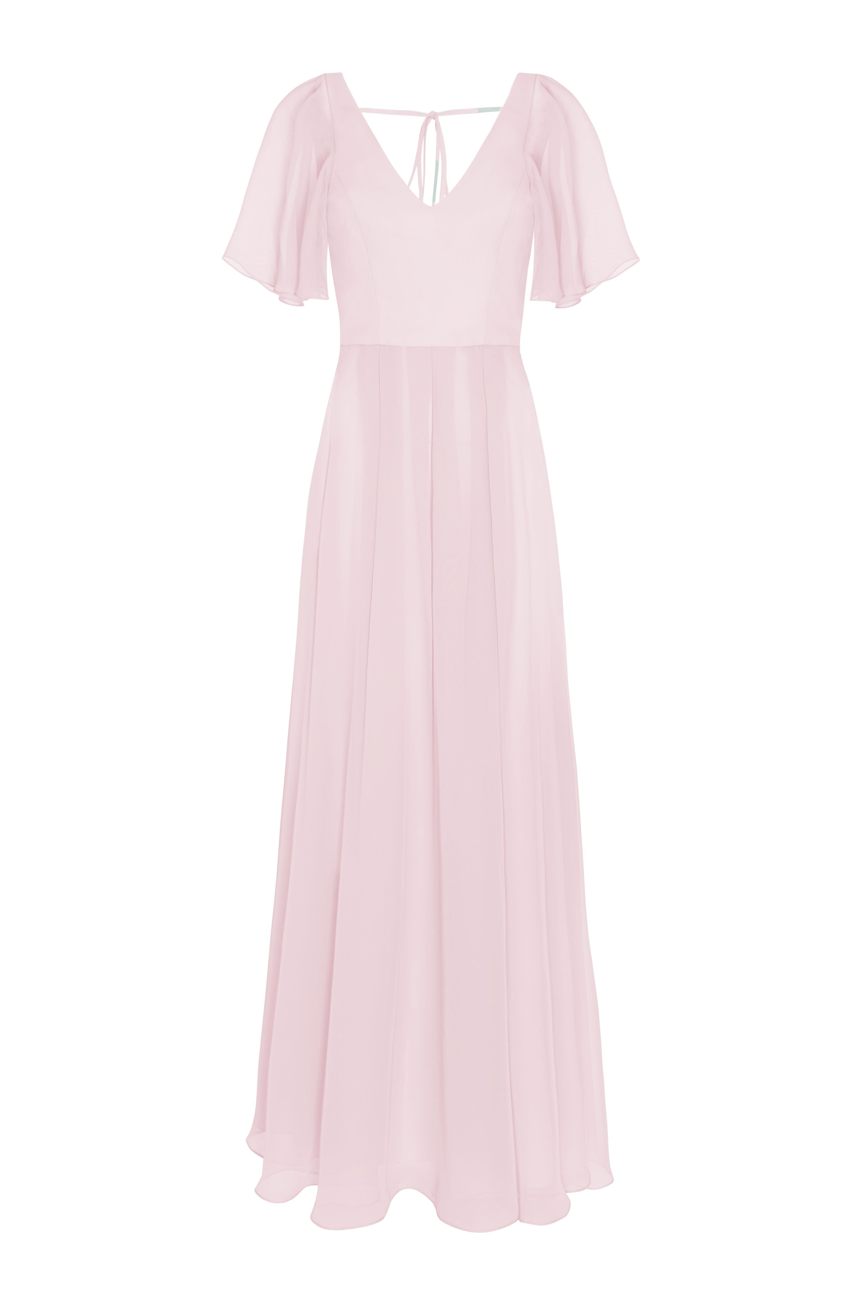 a long smoked blush pink bridesmaid dress with V neck and full skirt in chiffon.
