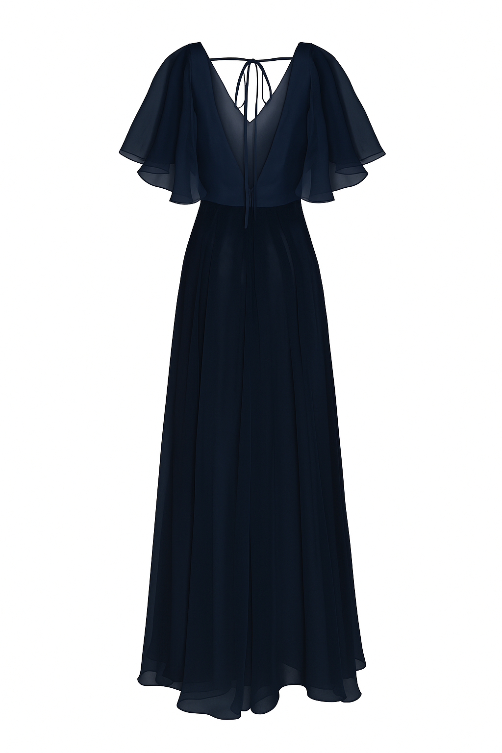 a long navy bridesmaid dress with angel sleeves and V neck in chiffon.