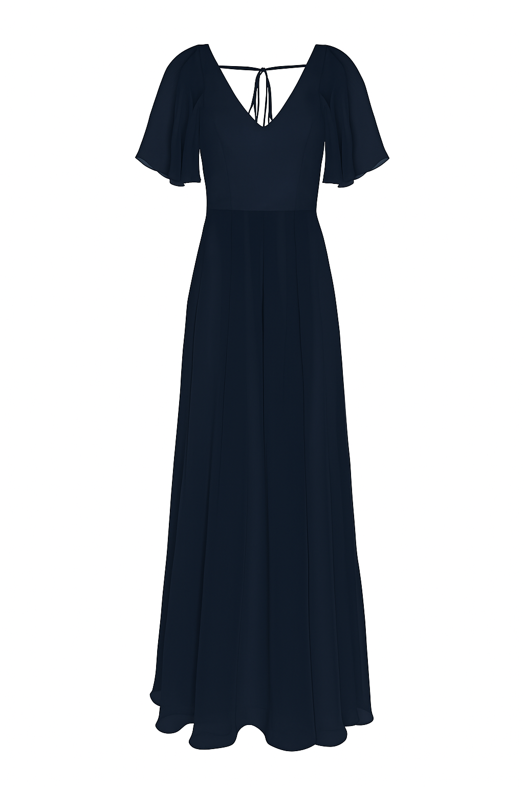 a long navy bridesmaid dress with angel sleeves and V neck in chiffon.