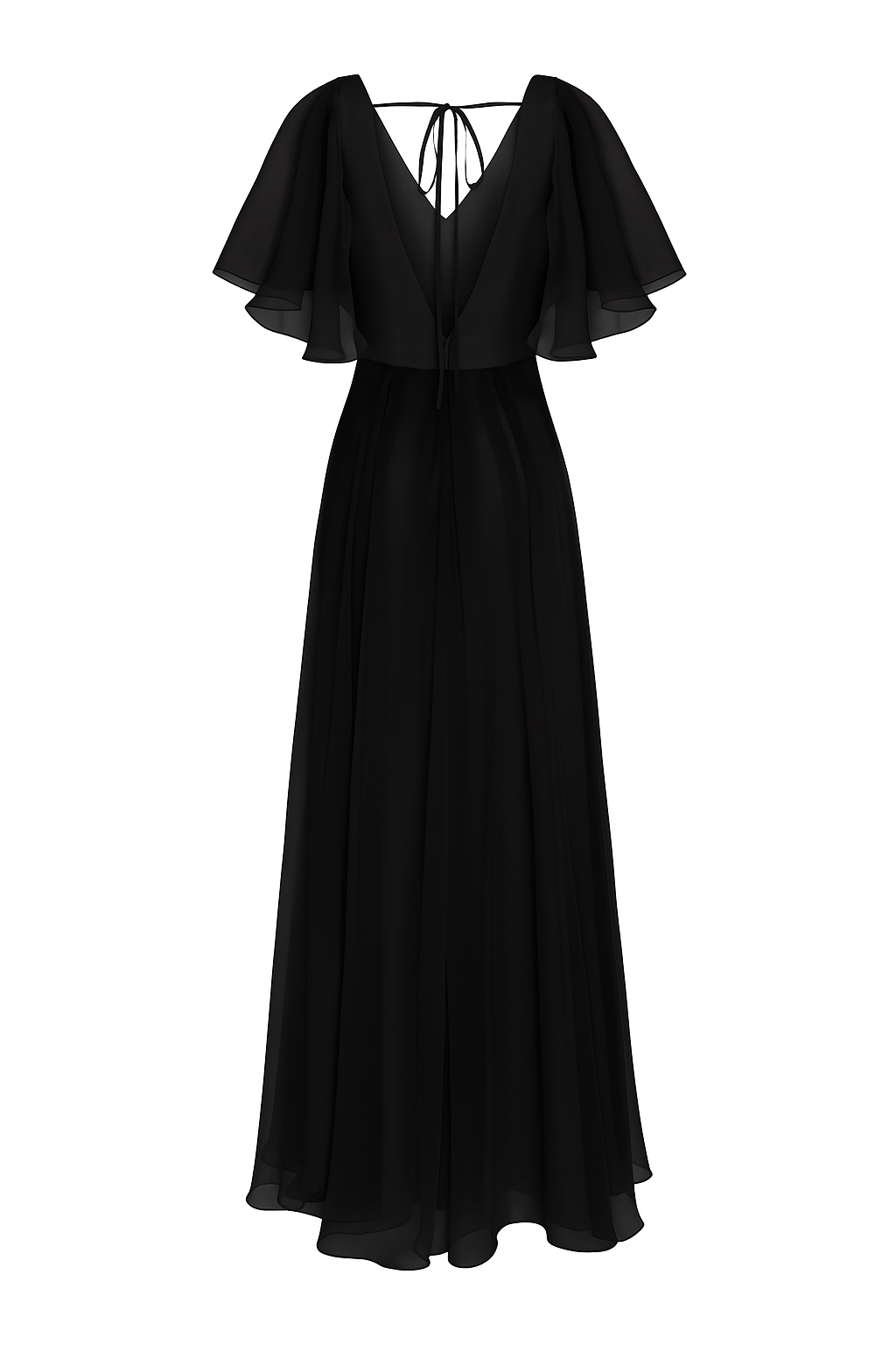 Woman wearing a long black bridesmaid dress with angel sleeves and v neck in tulle.
