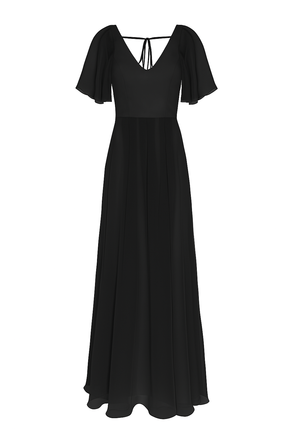  a long black bridesmaid dress with angel sleeves and v neck in tulle.