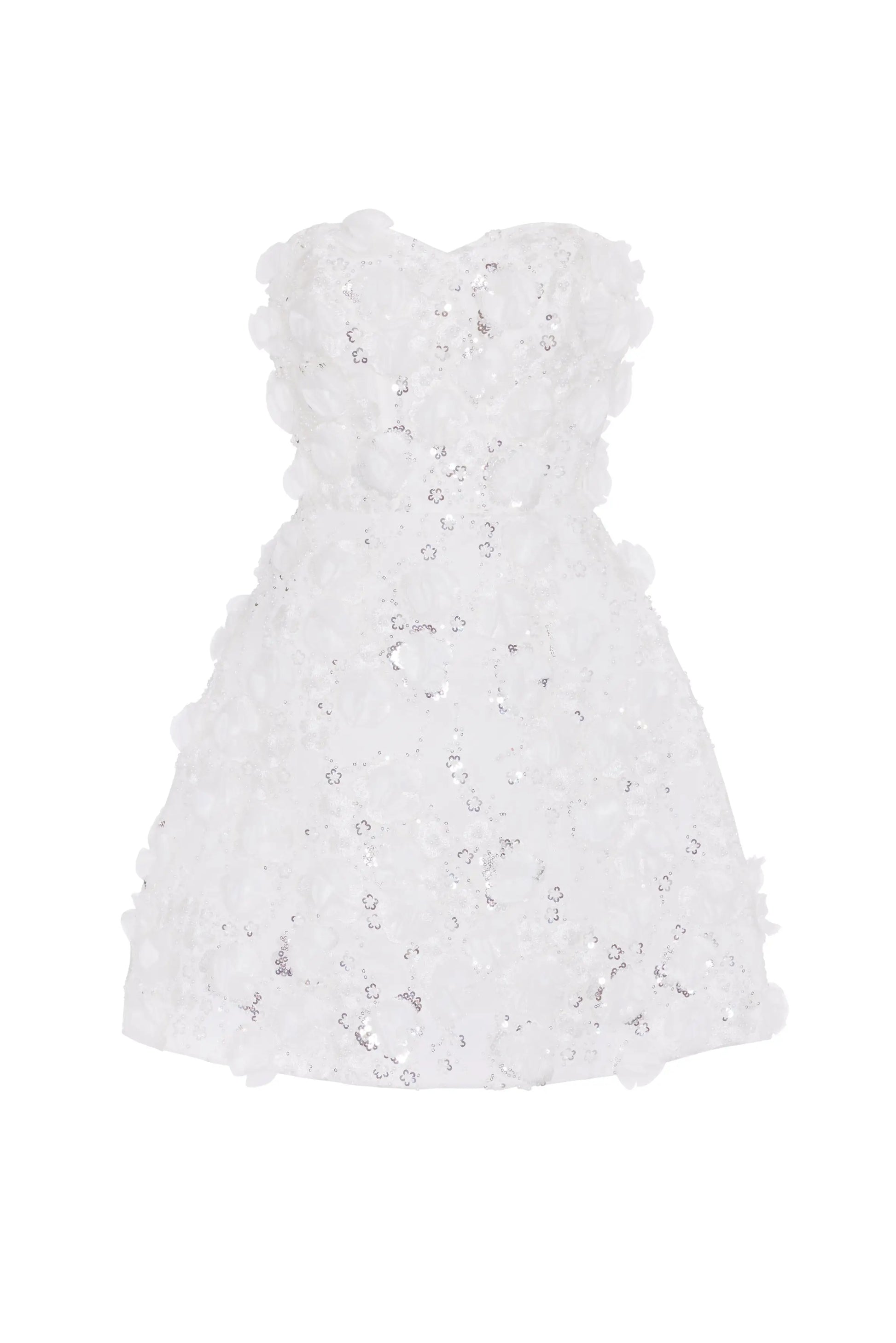White dress with floral embellishments on a white background