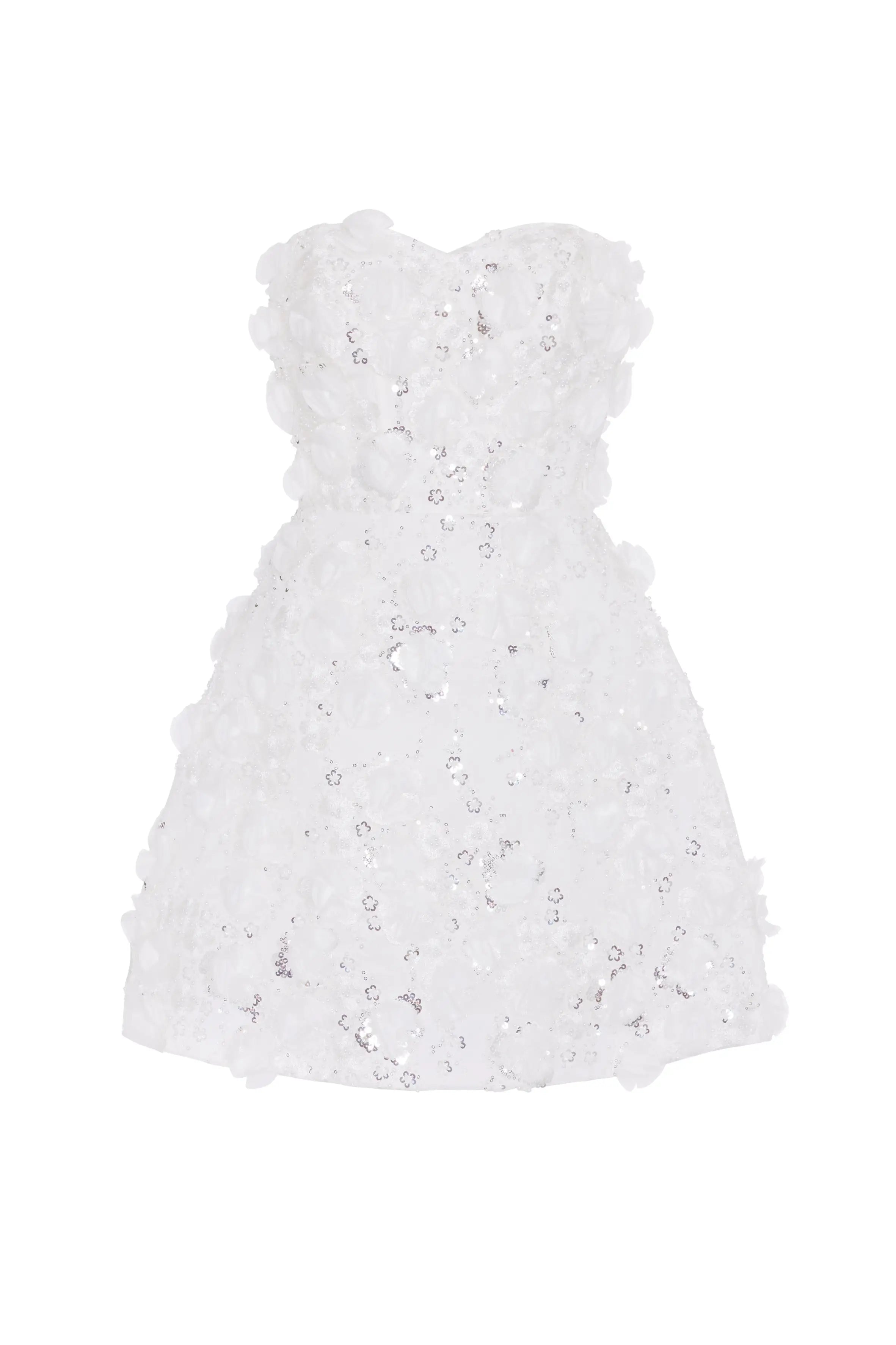 White dress with floral embellishments on a white background