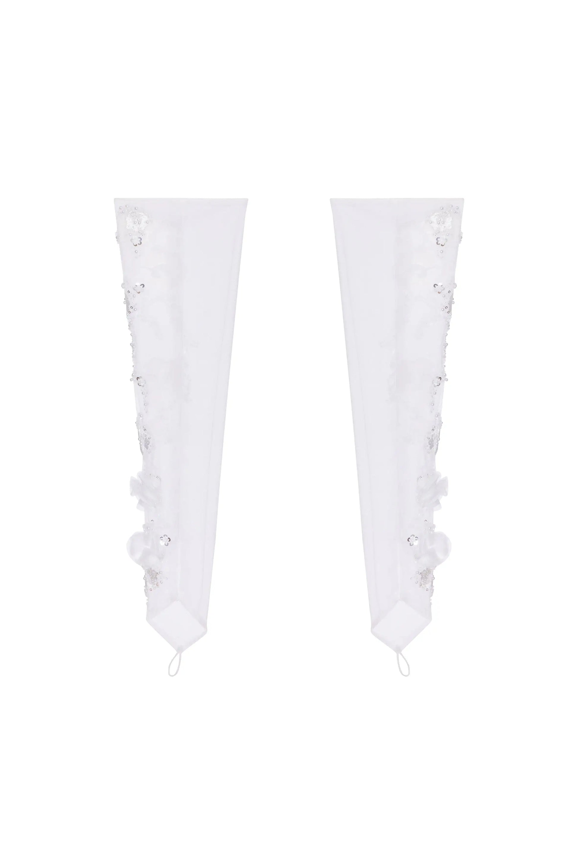 White embellshed bridal gloves on a white background.