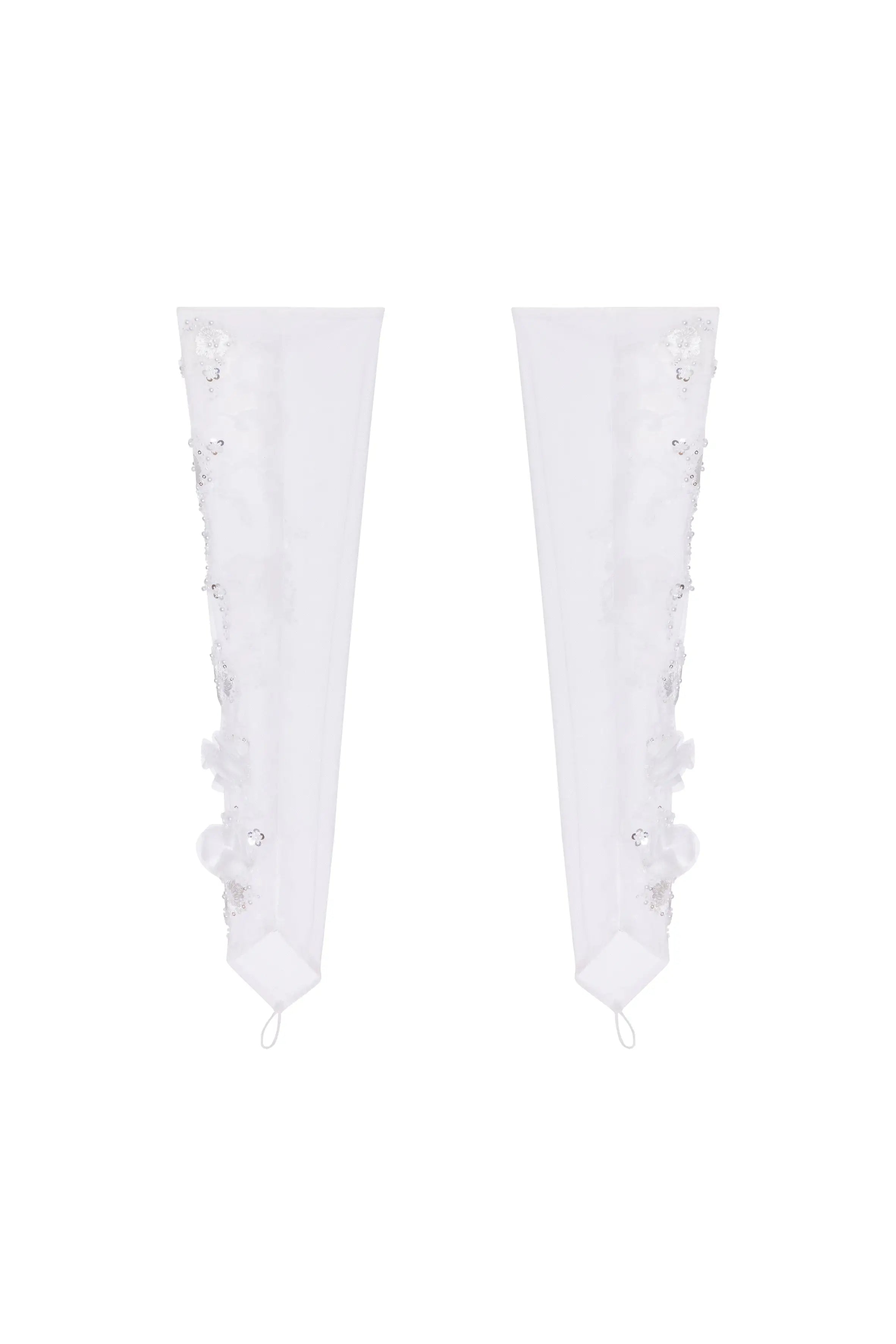 White embellshed bridal gloves on a white background.