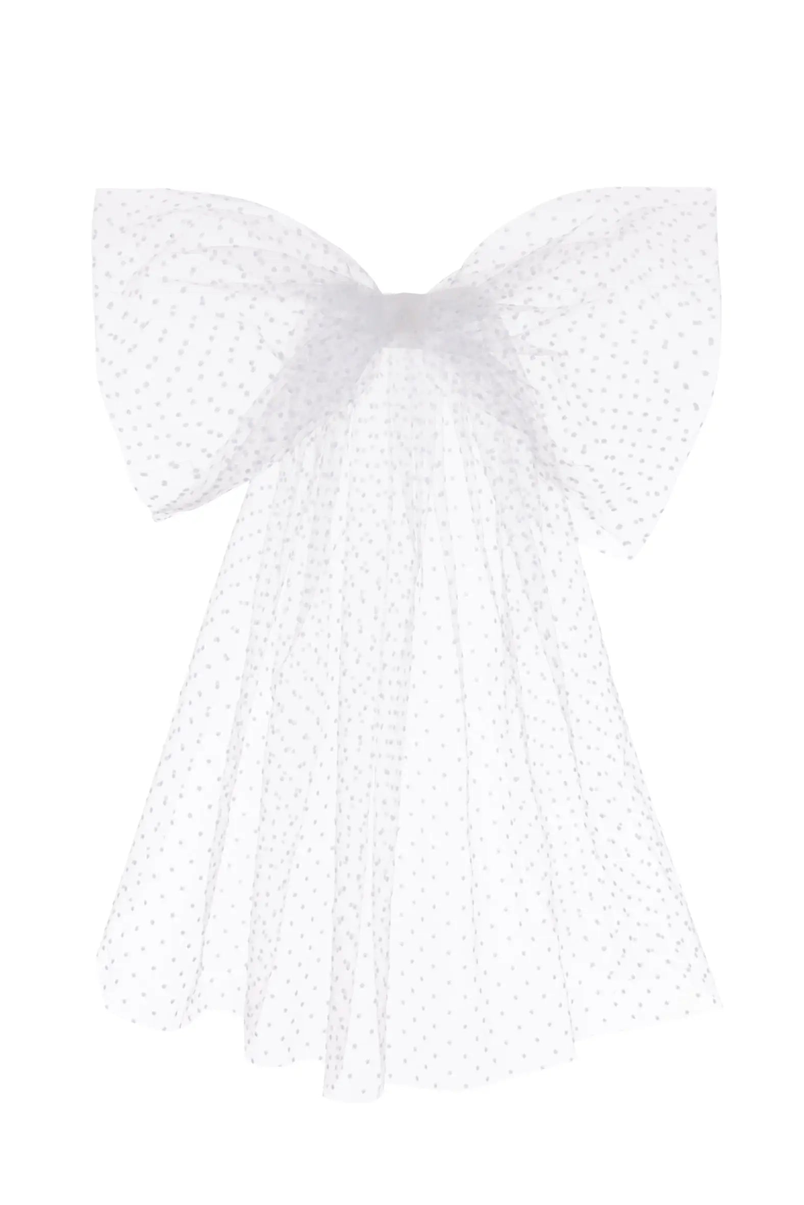 Thea Spot Tulle Bow Veil by TH&TH features a large white mesh tulle bow with long flowing tails and evenly spaced small polka dots—an airy, delicate mini wedding veil or whimsical bridal accessory.