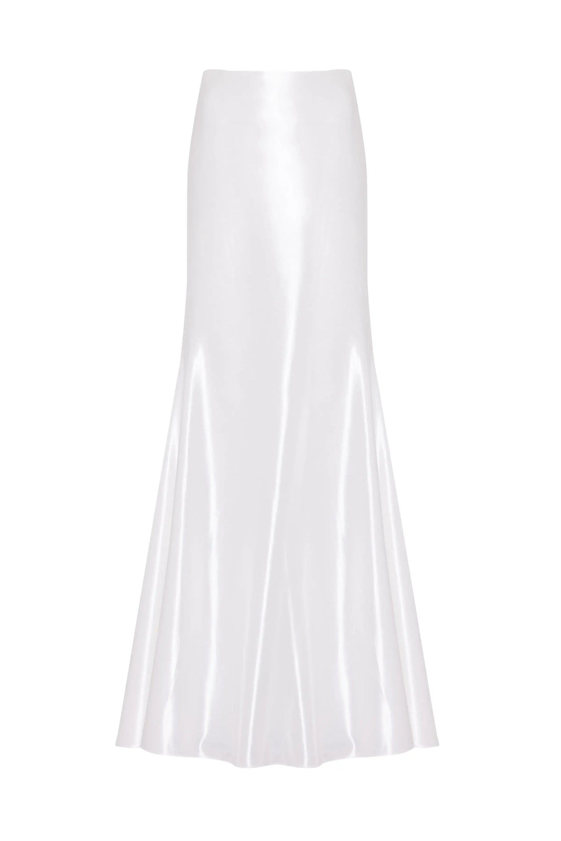 The Topaz Bridal Skirt by TH&TH is a high-waisted, floor-length ivory hammered satin skirt with a flared hem, shown against a plain white background.
