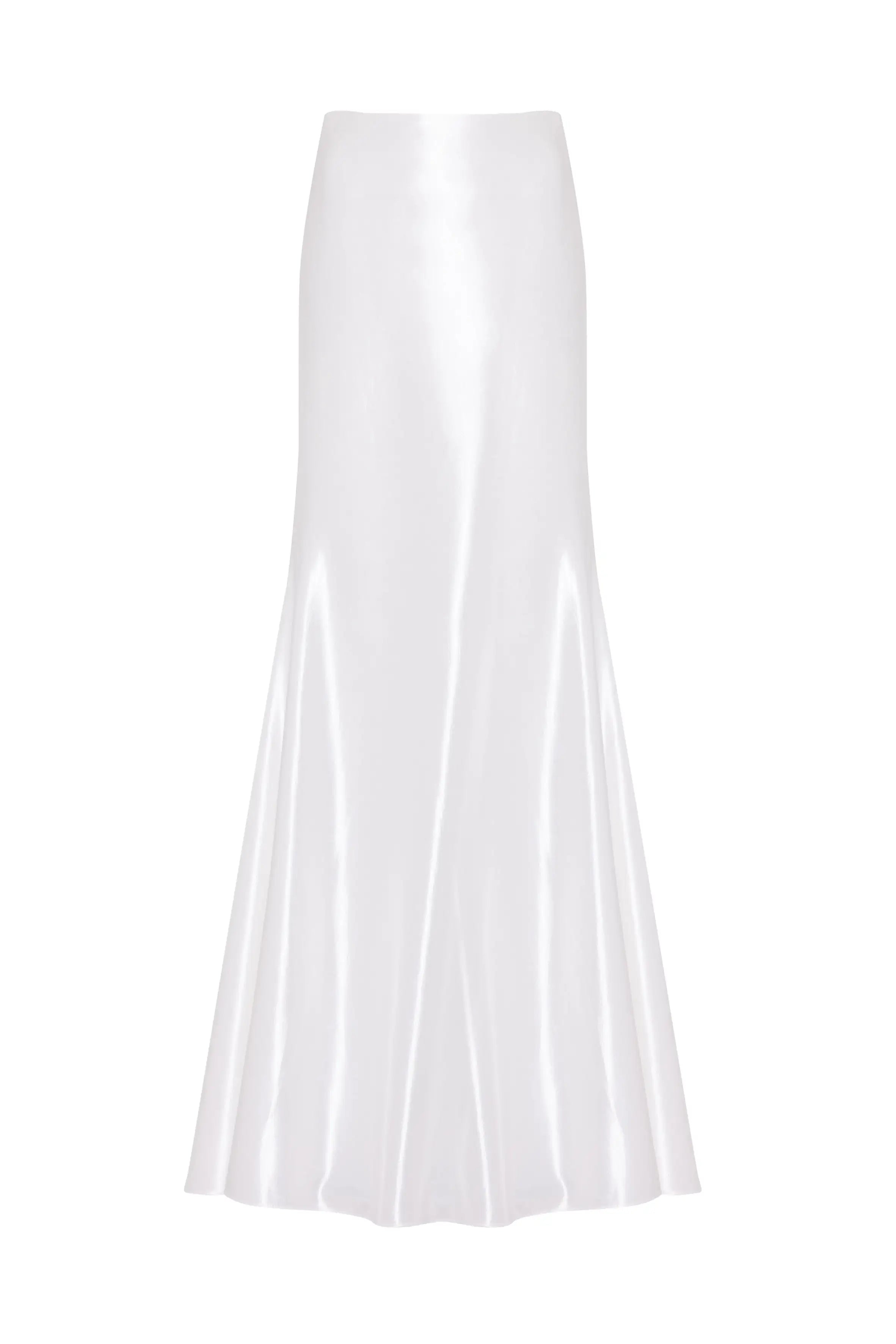 The Topaz Bridal Skirt by TH&TH is a high-waisted, floor-length ivory hammered satin skirt with a flared hem, shown against a plain white background.