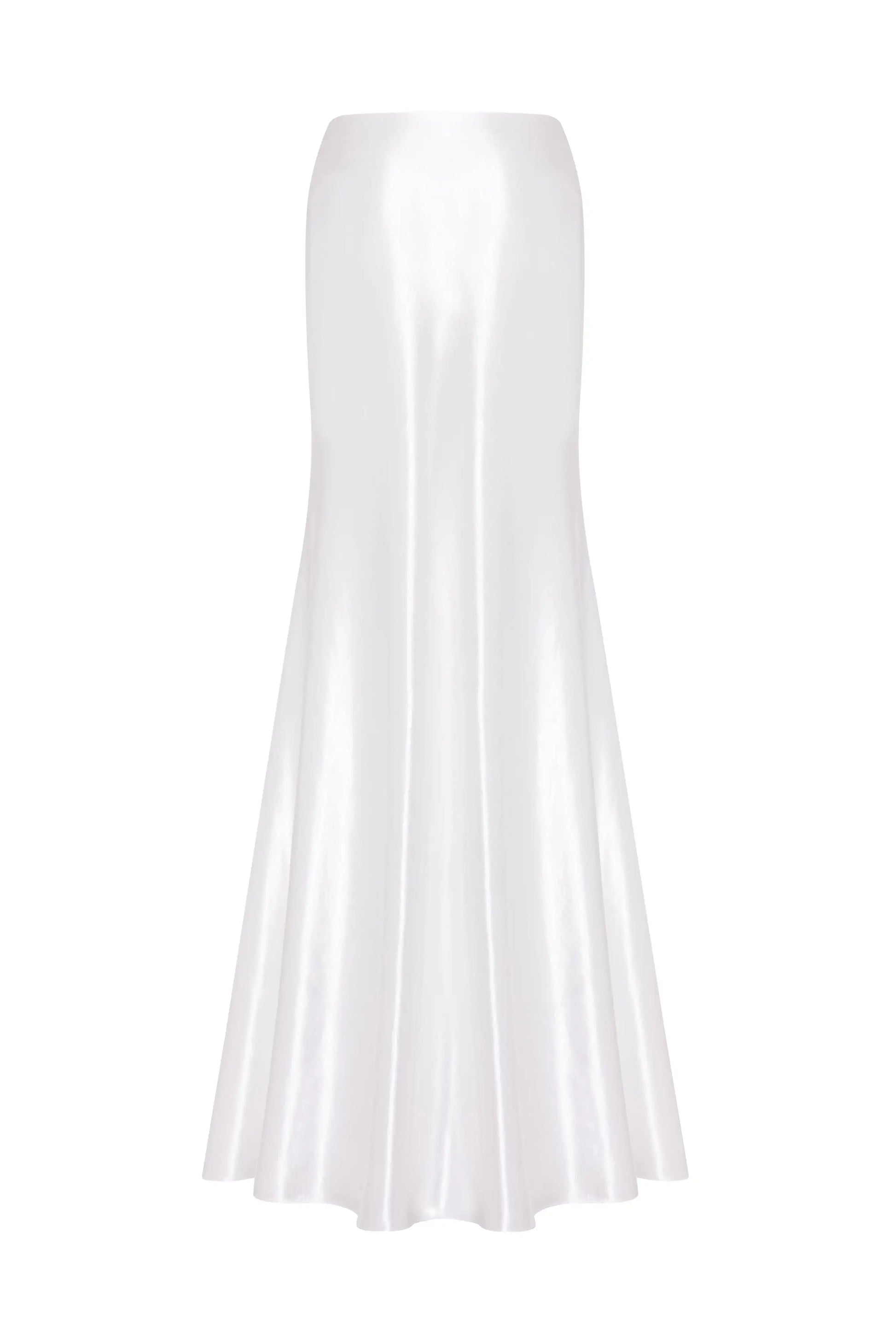 The Topaz Bridal Skirt by TH&TH features a long, shiny ivory hammered satin design with a high waist and flared hem, displayed against a plain white background.