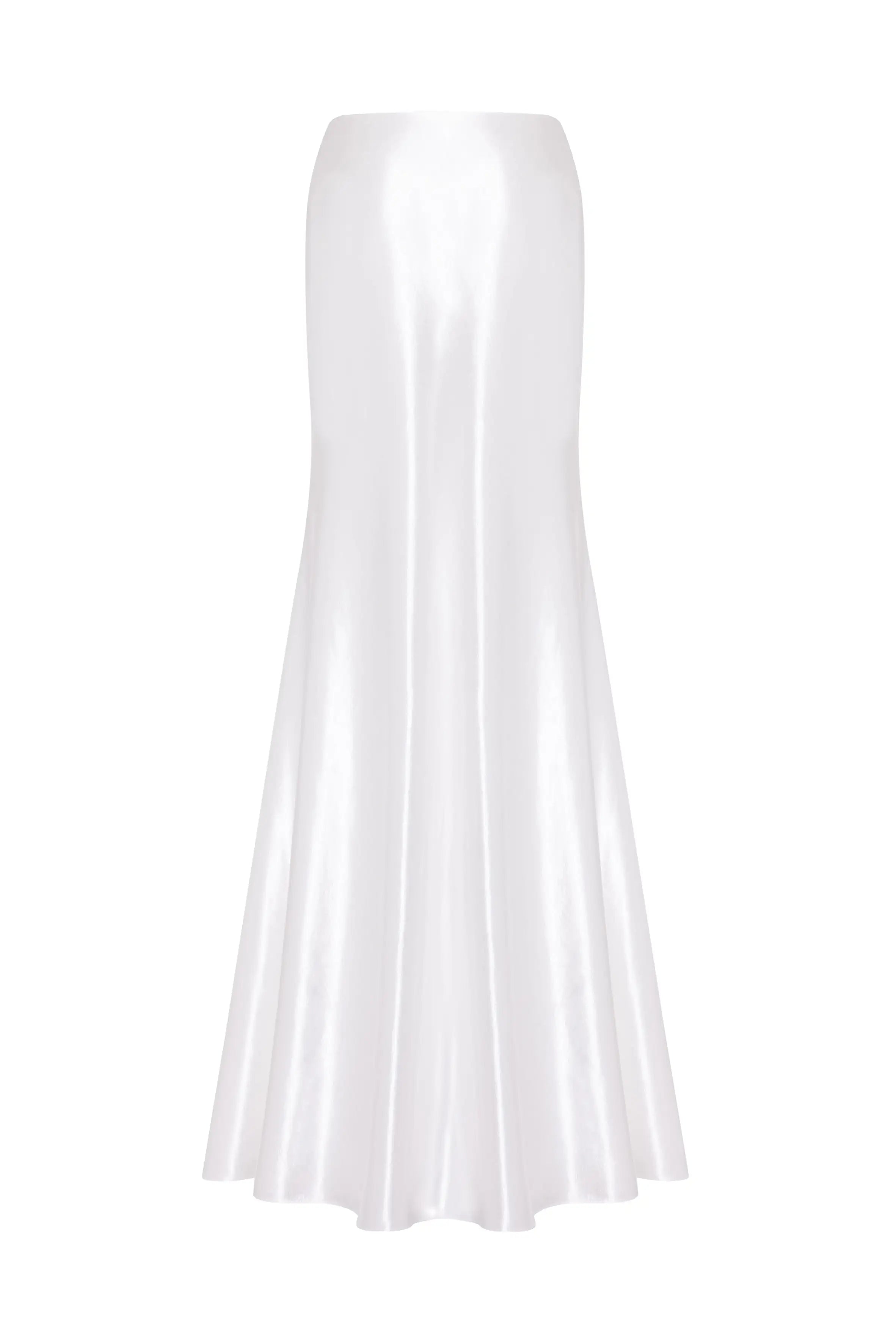 The Topaz Bridal Skirt by TH&TH features a long, shiny ivory hammered satin design with a high waist and flared hem, displayed against a plain white background.
