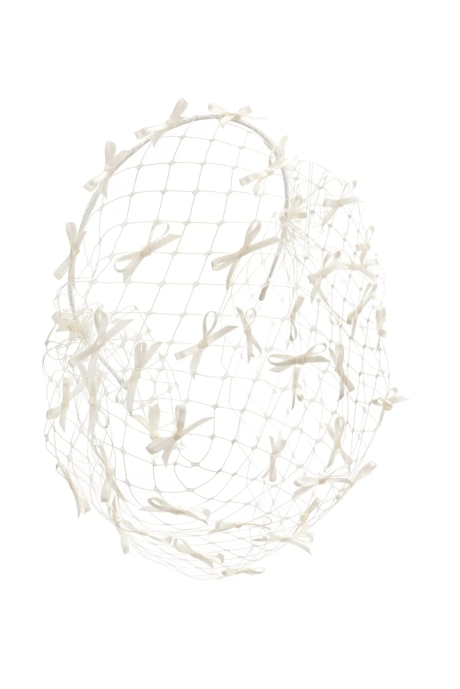 The Vivienne Mini Bow Birdcage Headband by TH&TH features a diamond-patterned white net with small ivory bows, shown on a plain white background—ideal as a vintage-inspired bridal headband.