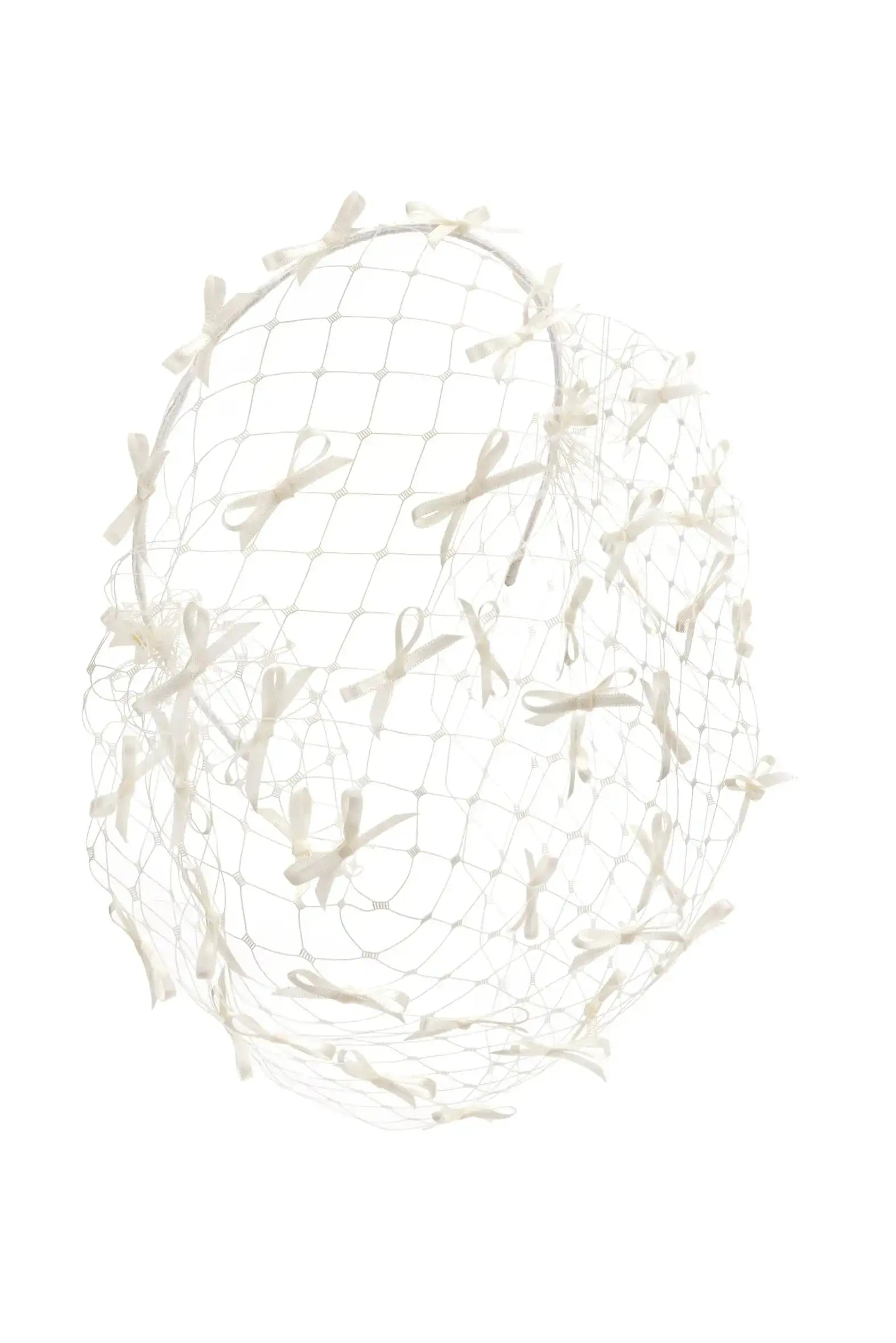 The Vivienne Mini Bow Birdcage Headband by TH&TH features a diamond-patterned white net with small ivory bows, shown on a plain white background—ideal as a vintage-inspired bridal headband.