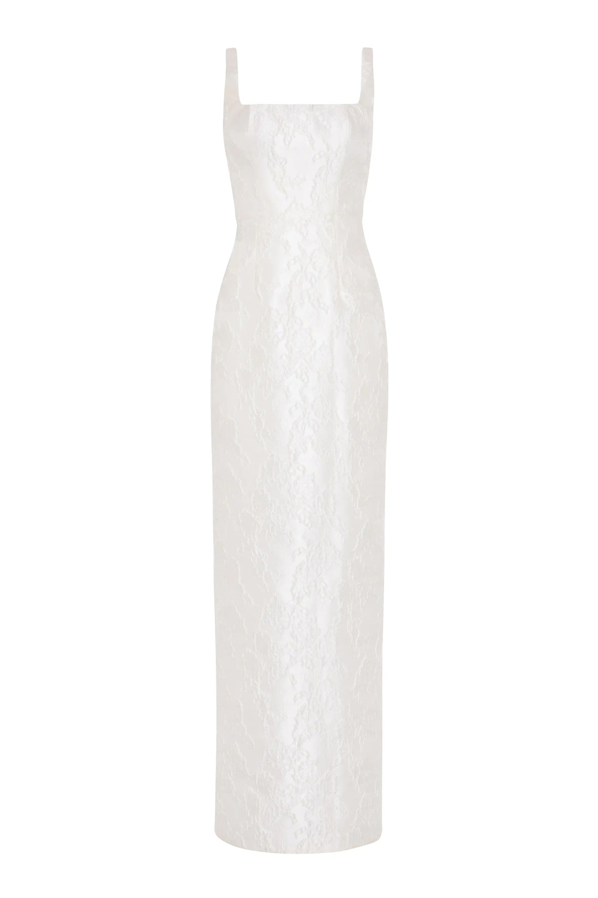 The Waldorf Bridal Dress in Vintage Ivory Brocade by TH&TH is a long, sleeveless column gown with a square neckline, subtle floral pattern, and tailored fitted silhouette.