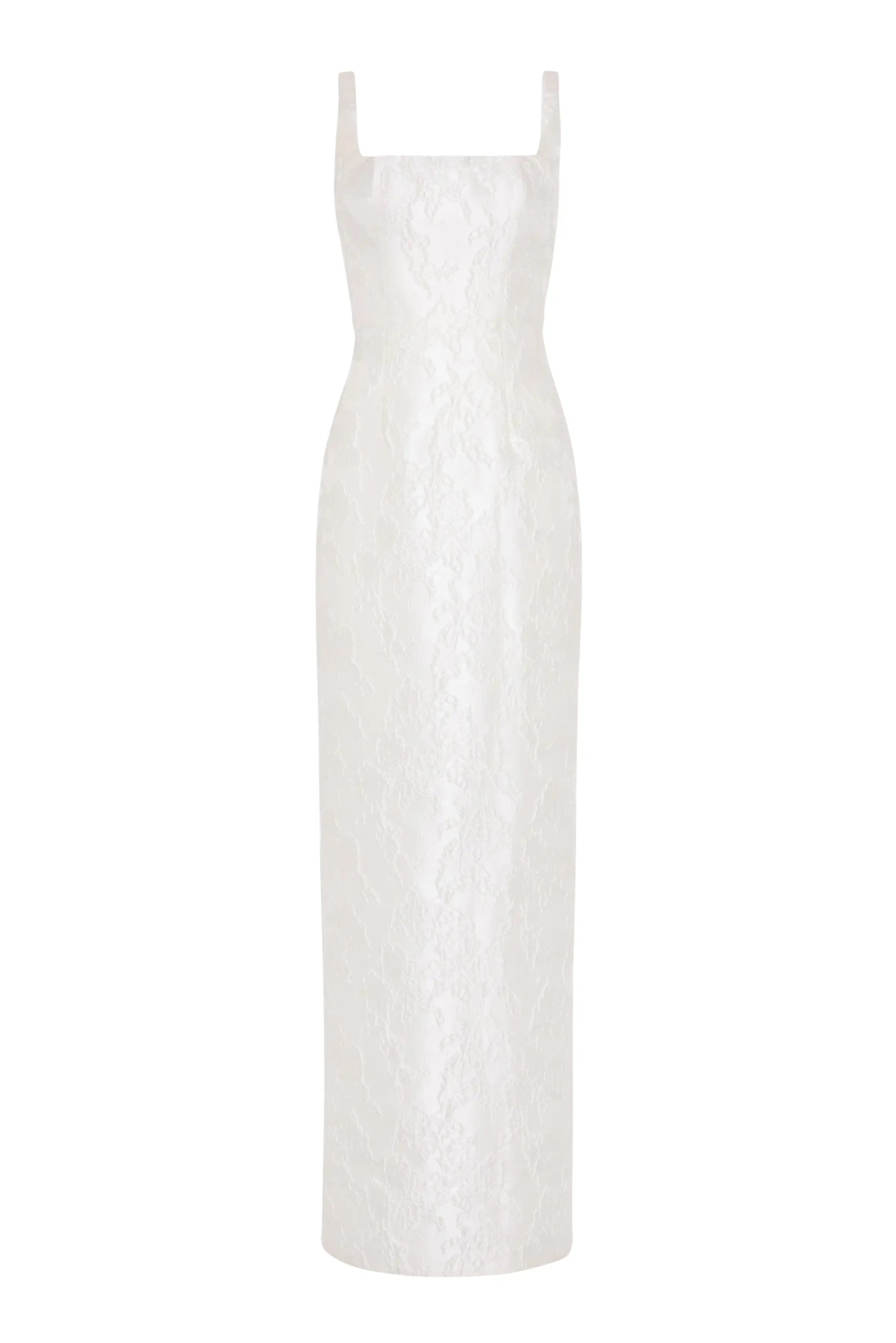 The Waldorf Bridal Dress in Vintage Ivory Brocade by TH&TH is a long, sleeveless column gown with a square neckline, subtle floral pattern, and tailored fitted silhouette.
