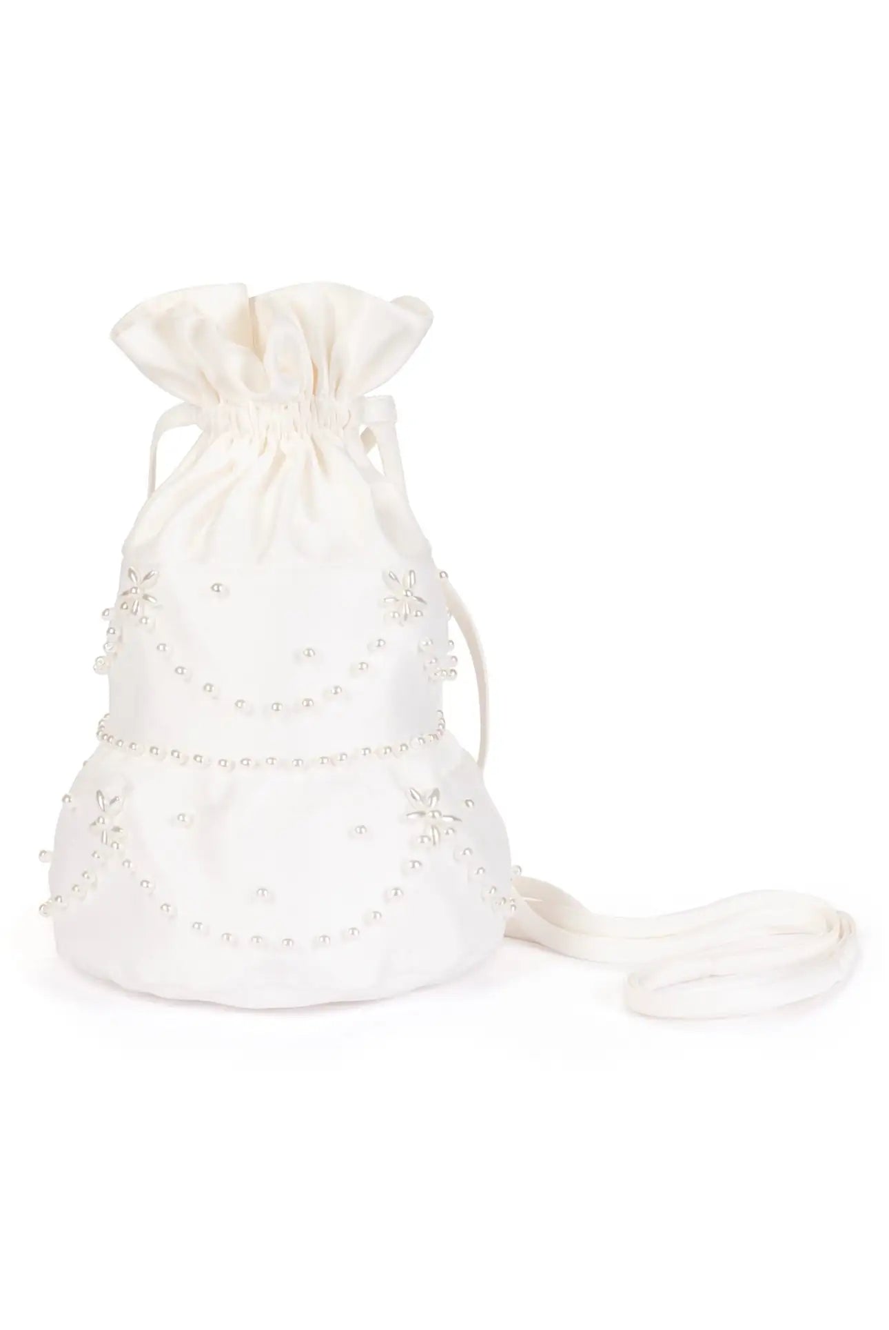 The 'Wedding Cake' Embellished Bag in Ivory by TH&TH features delicate pearl floral and garland details, a gathered top, and a slender strap—making it a perfect elegant bridal bag.