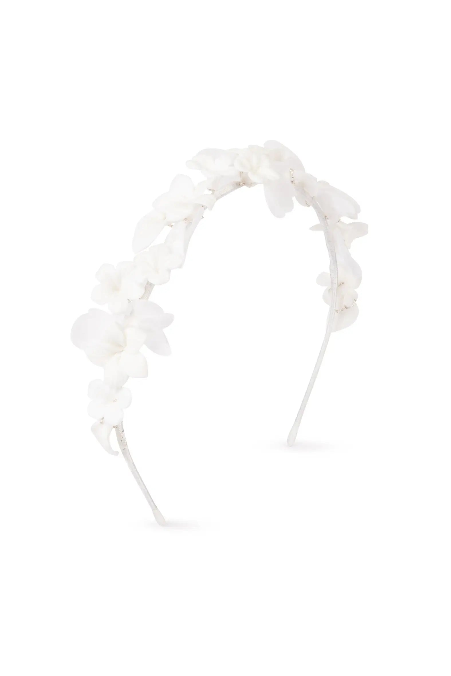 The Windsor Ceramic Floral Headband by TH&TH features delicate, three-dimensional floral appliqués for an elegant, ethereal look—perfect as a bridal hair accessory.