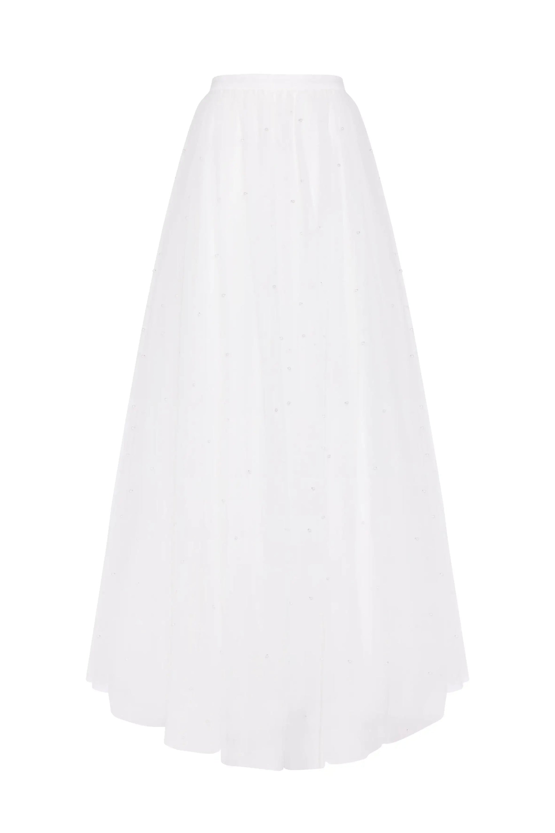 The Wyatt Bridal Skirt in Ivory Tulle by TH&TH features a long, flowing silhouette with a fitted waistband and subtle scattered embellishments. Displayed on a plain white background, it's ideal for modern bridal separates.